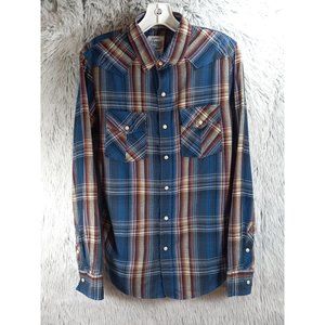 44MM Shirt Mens Small Blue Plaid Western Pearl Snap Cowboy Rodeo Button Down Top